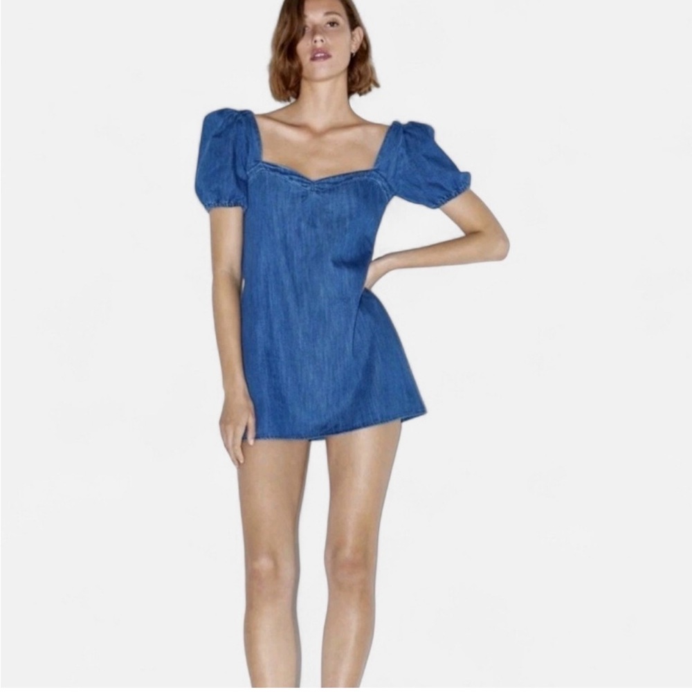 Zara Blue Puff-Sleeve Denim Mini Dress